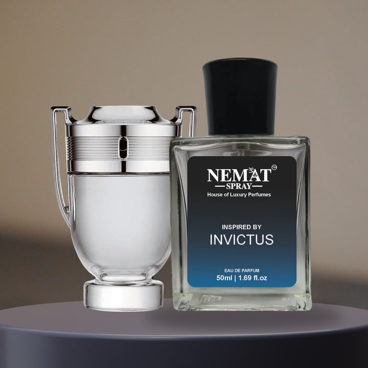 Nemat Spray square bottle and silver trophy bottle on stand Pacco Rabbanne - Iiinvictus Perfume for Men - Luxury Inspired Perfume.