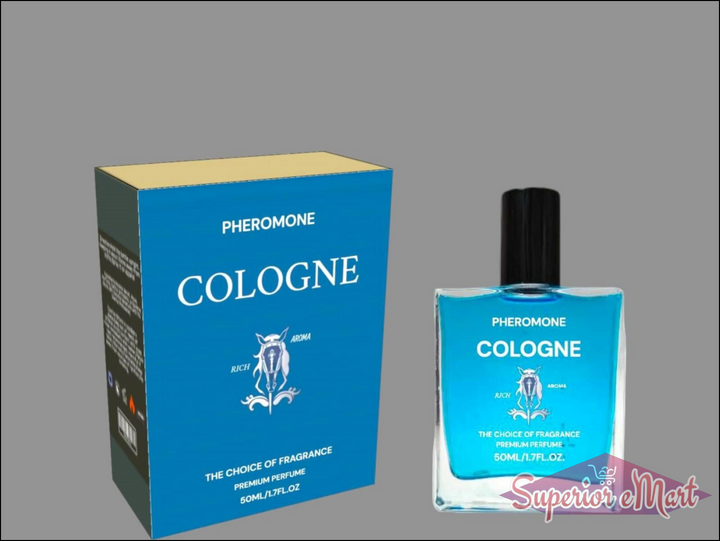 Men's pheromone cologne packaged in a blue box and bottle for an enticing fragrance experience