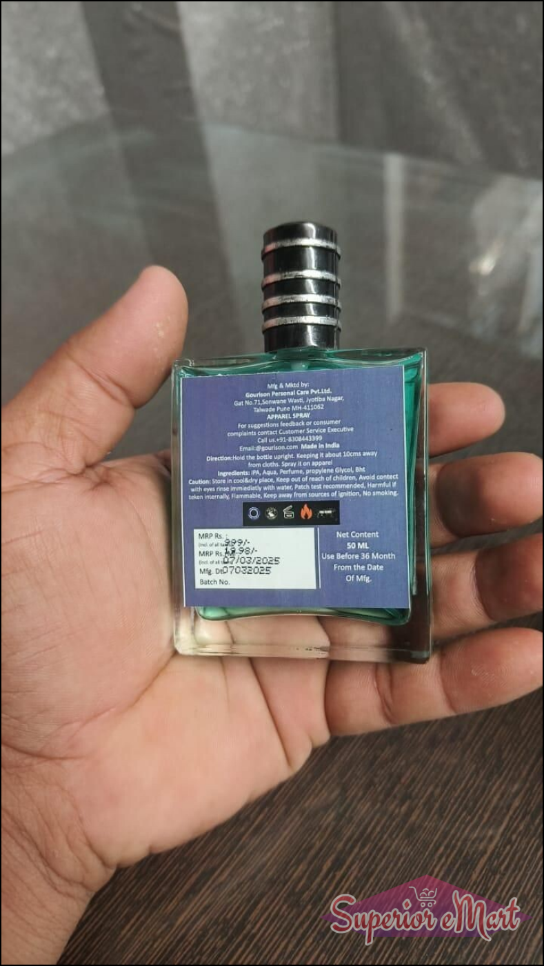 Men's pheromone cologne bottle held in hand showcasing the elegant design and details on the back label