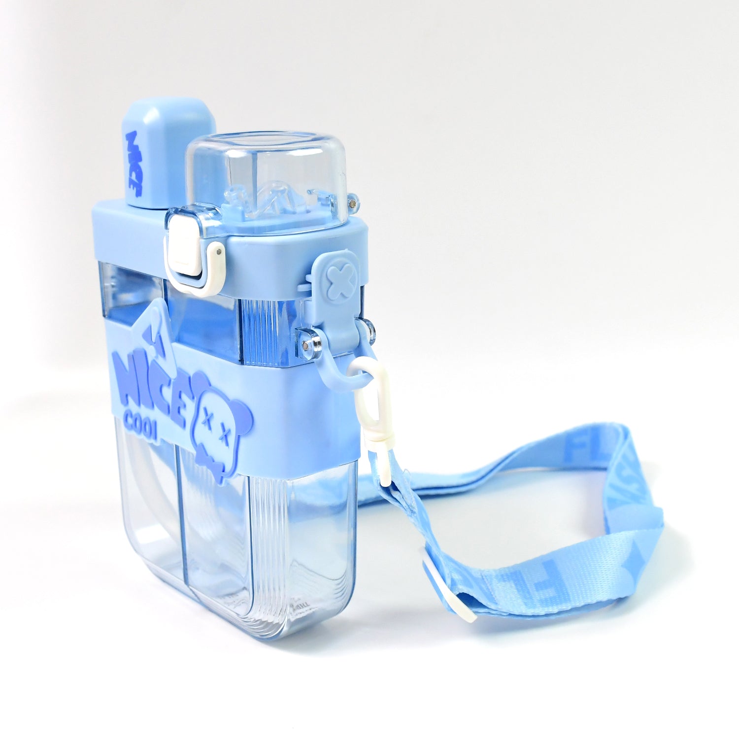 Blue Superior eMart dual compartment water bottle with a convenient strap for easy carrying