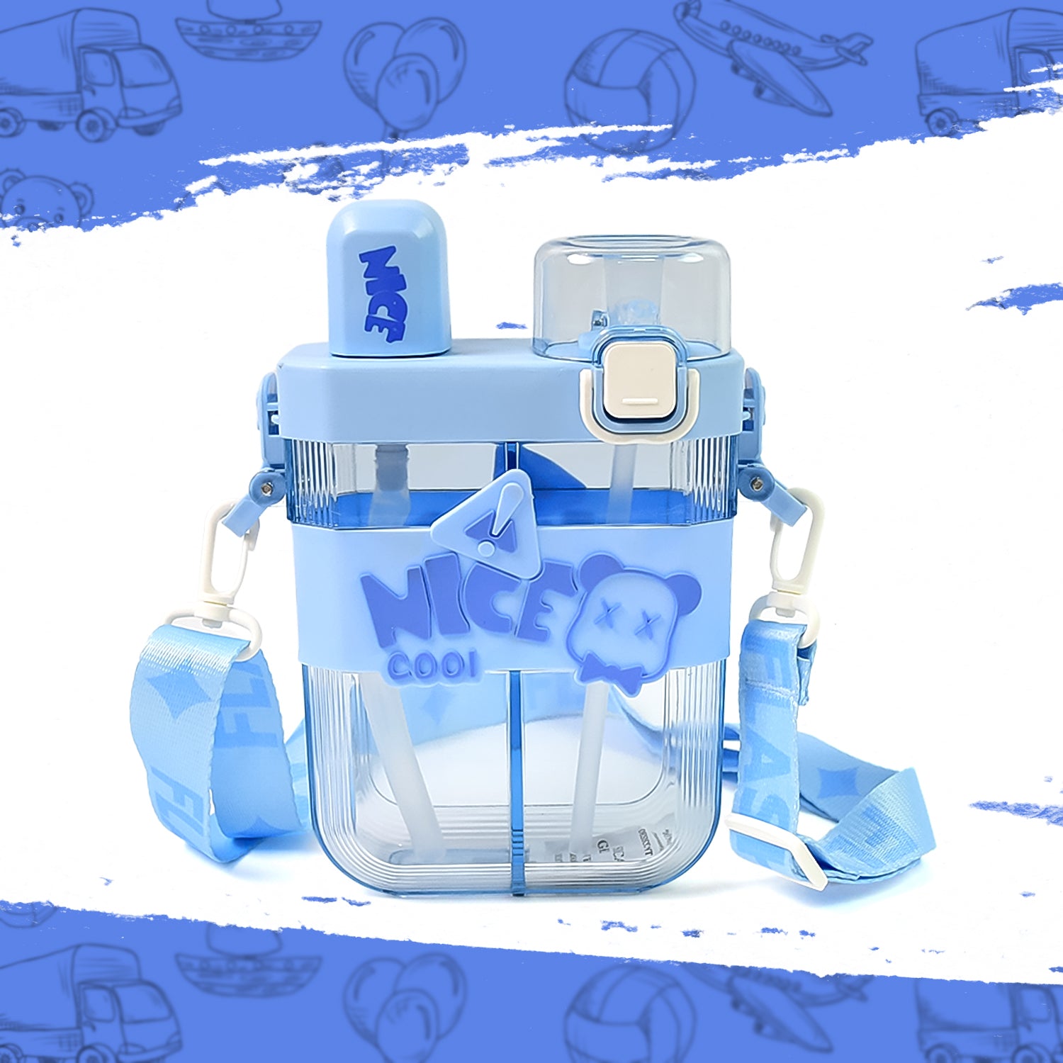 Dual compartment water bottle in blue, perfect for hydration on the go with convenient carrying strap.