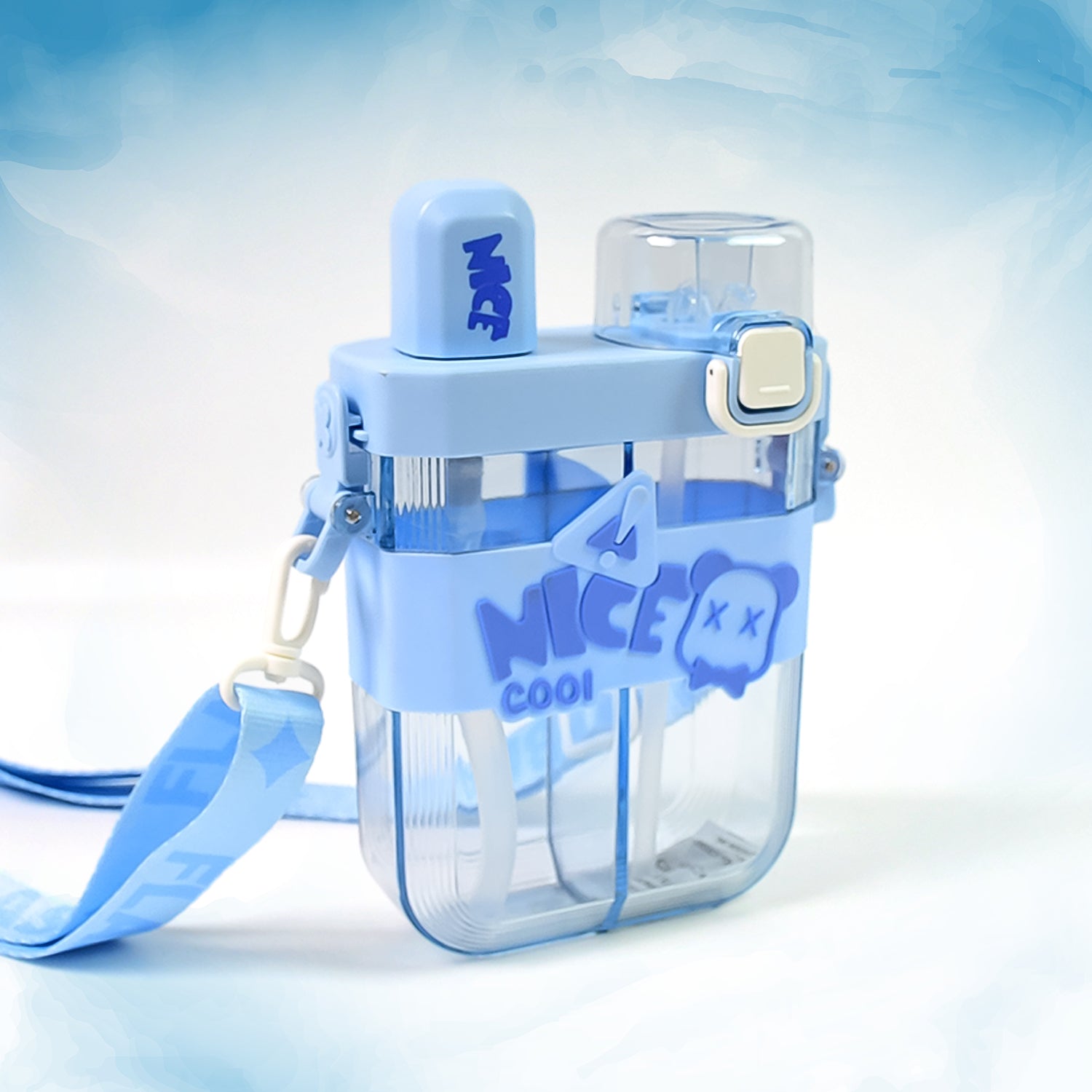 Light blue dual compartment water bottle with strap for convenient hydration on the go