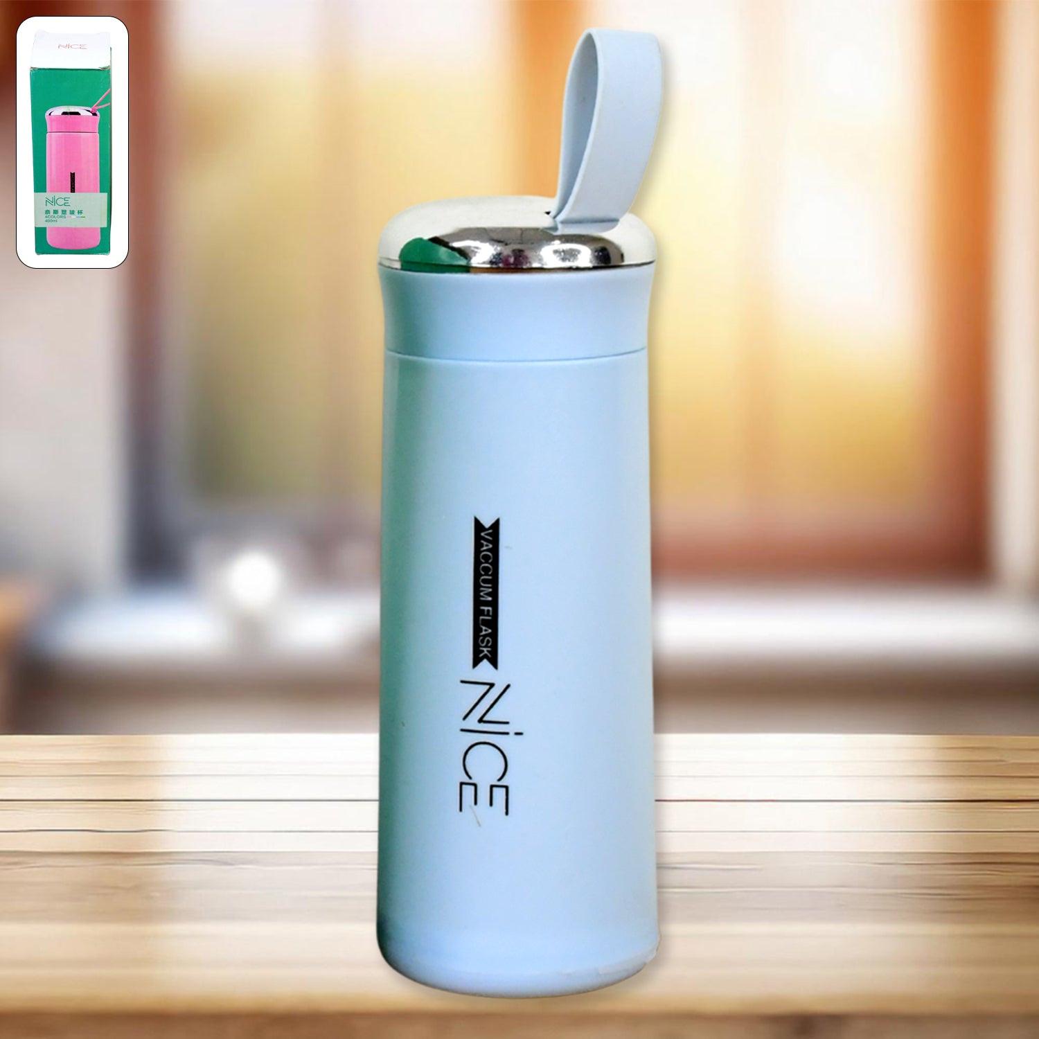 Leak proof glass water bottle 400ml in light blue with a stainless steel lid for hydration on the go