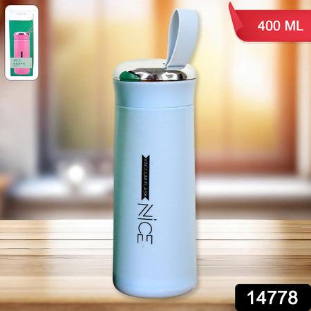 Leak proof glass water bottle 400ml in light blue with a stainless steel lid for easy use