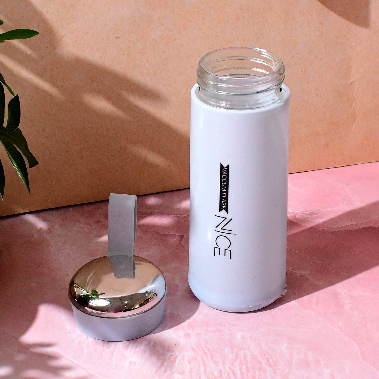 Leak proof glass water bottle 400ml in white with silver cap, perfect for daily hydration.