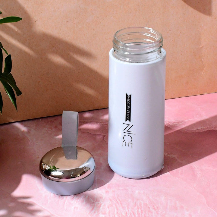 Leak proof glass water bottle 400ml in white with silver cap, perfect for daily hydration.