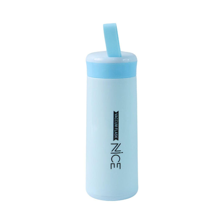 Blue vacuum insulated leak proof glass water bottle with a flip lid for easy drinking