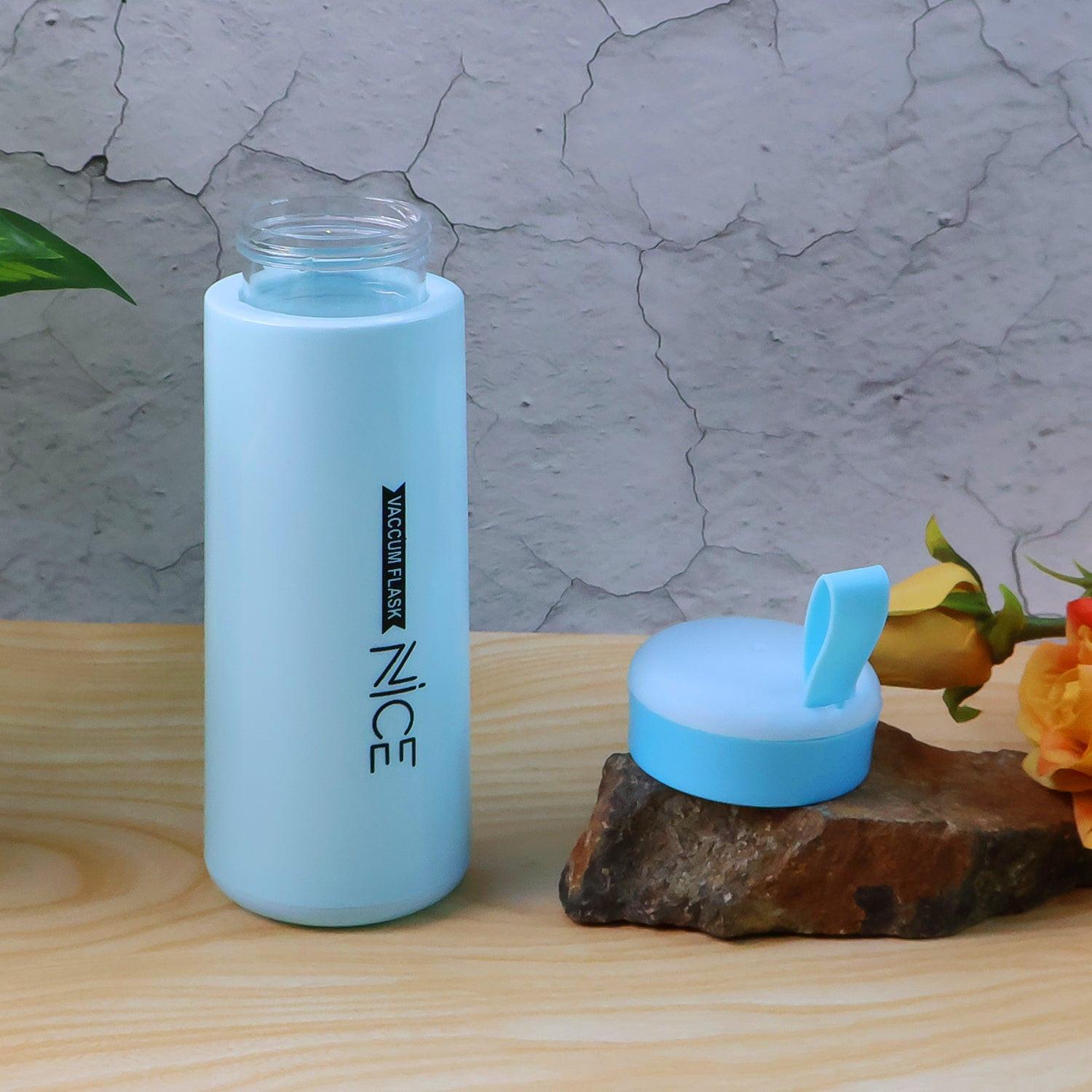 Leak proof glass water bottle in light blue with a secure lid for on-the-go hydration