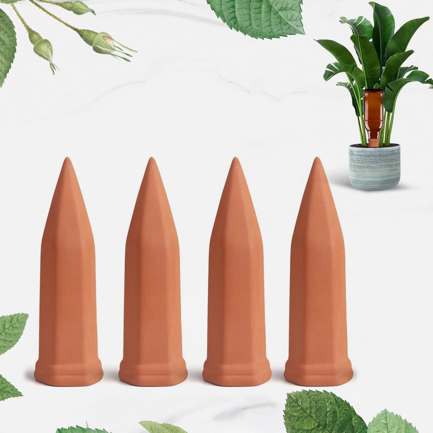 Set of 4 terracotta self watering spikes for plants to ensure efficient watering