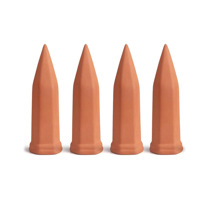 Terracotta self watering spikes for plants in a set of four, designed for efficient automatic watering