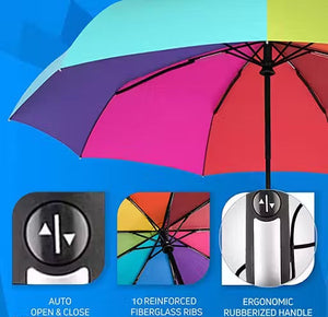 A multicolor open umbrella with a rainbow gradient canopy on a blue background, with three feature callouts below: an auto open and close handle, 10 reinforced fiberglass ribs, and an ergonomic rubberized handle.