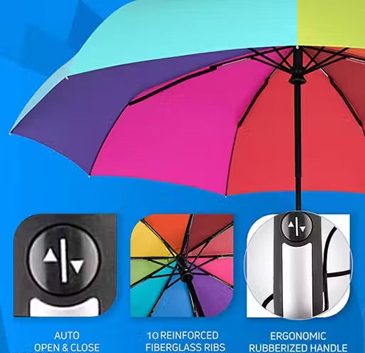 A multicolor open umbrella with a rainbow gradient canopy on a blue background, with three feature callouts below: an auto open and close handle, 10 reinforced fiberglass ribs, and an ergonomic rubberized handle.