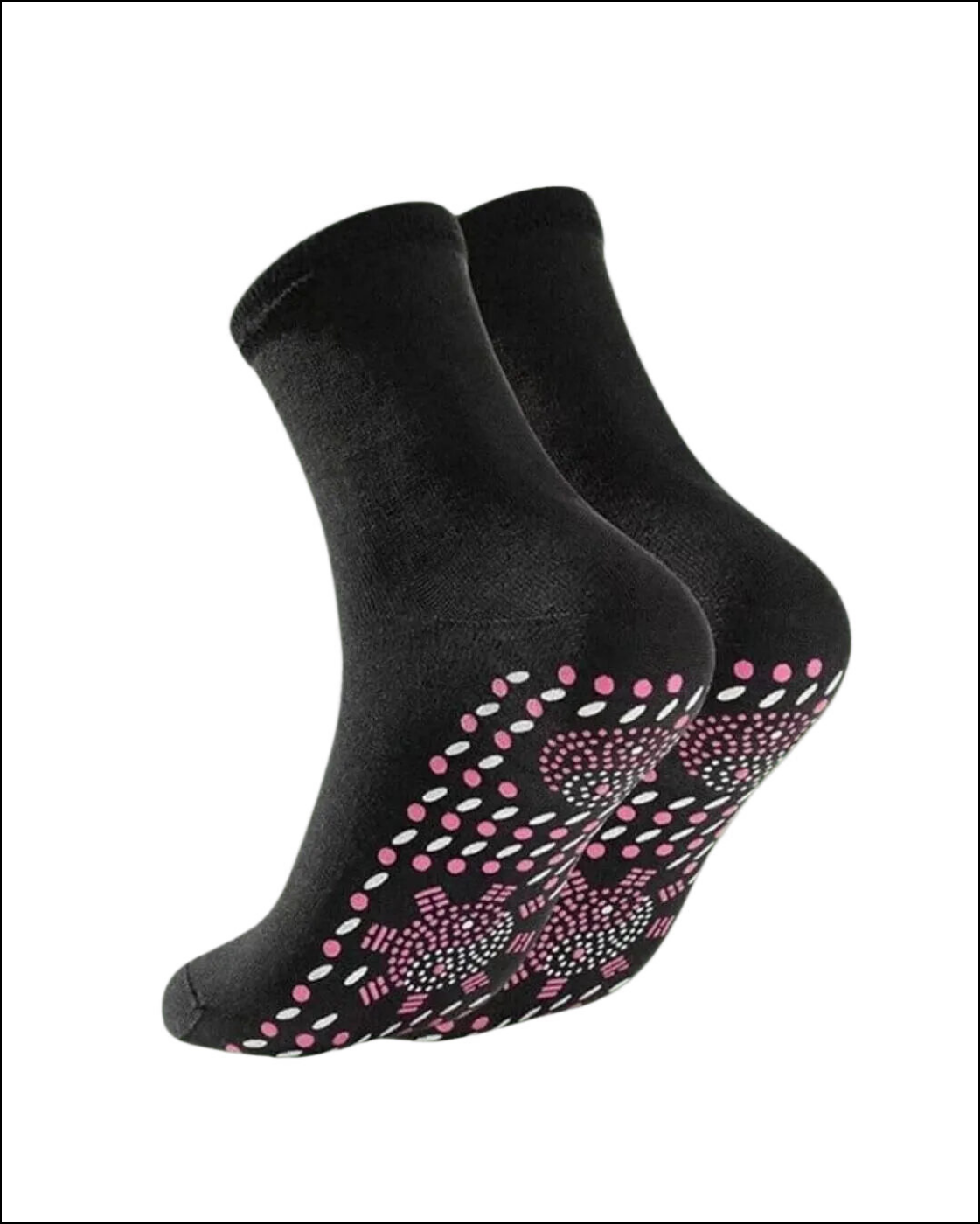 Pair of black crew socks with a textured pink and white non-slip pattern on the soles.