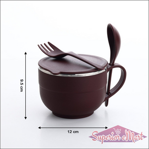Maroon stainless steel noodles bowl set with lid and included spoon and fork for easy serving