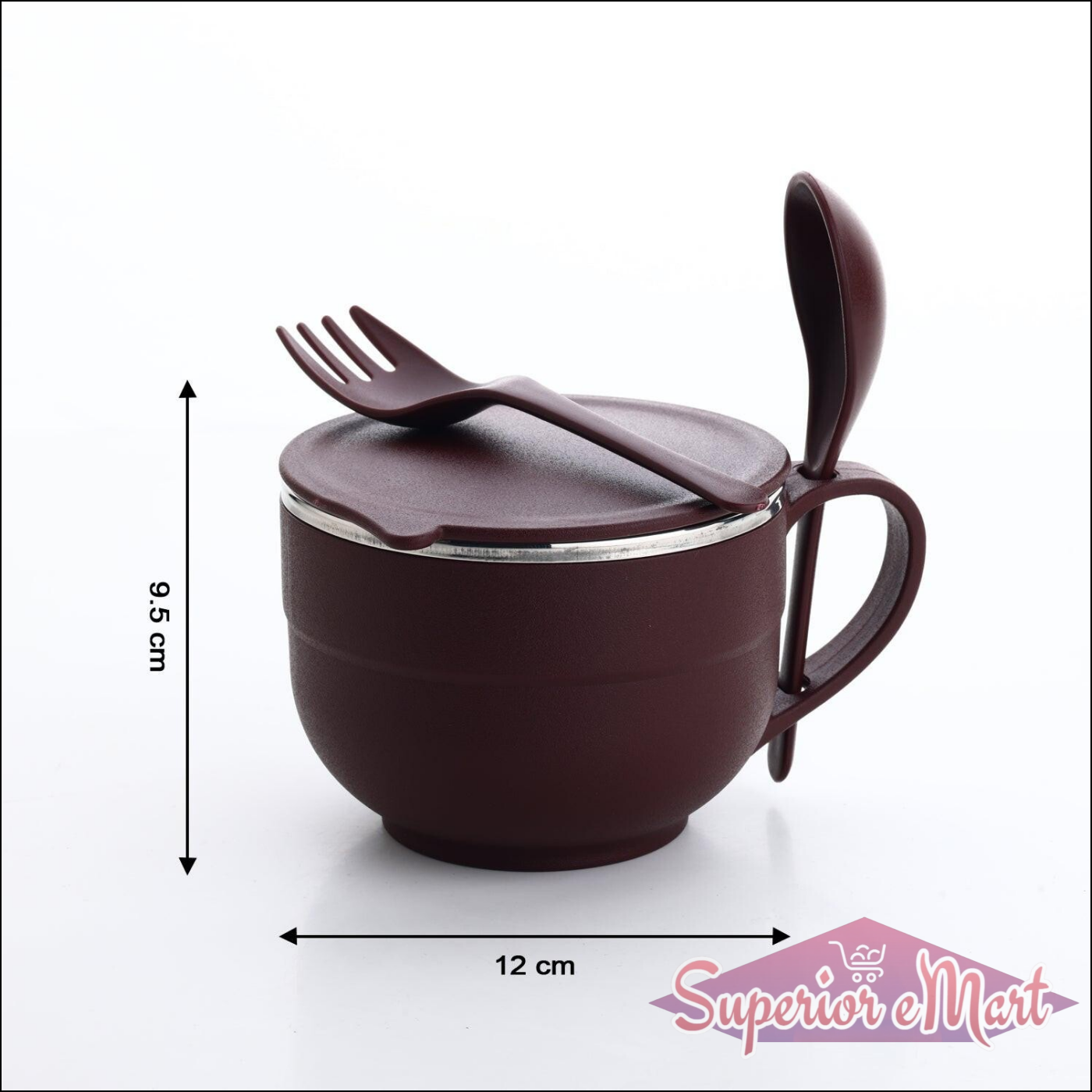 Maroon stainless steel noodles bowl set with lid and included spoon and fork for easy serving