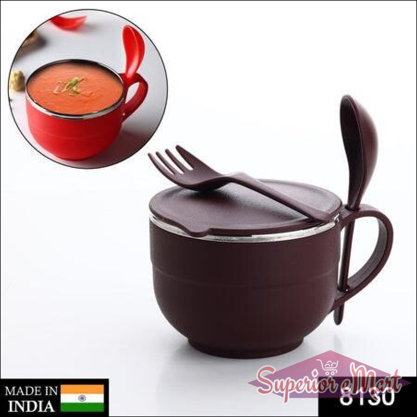 Brown insulated bowl with lid and fork, showcasing a stainless steel noodles bowl set for convenient meals