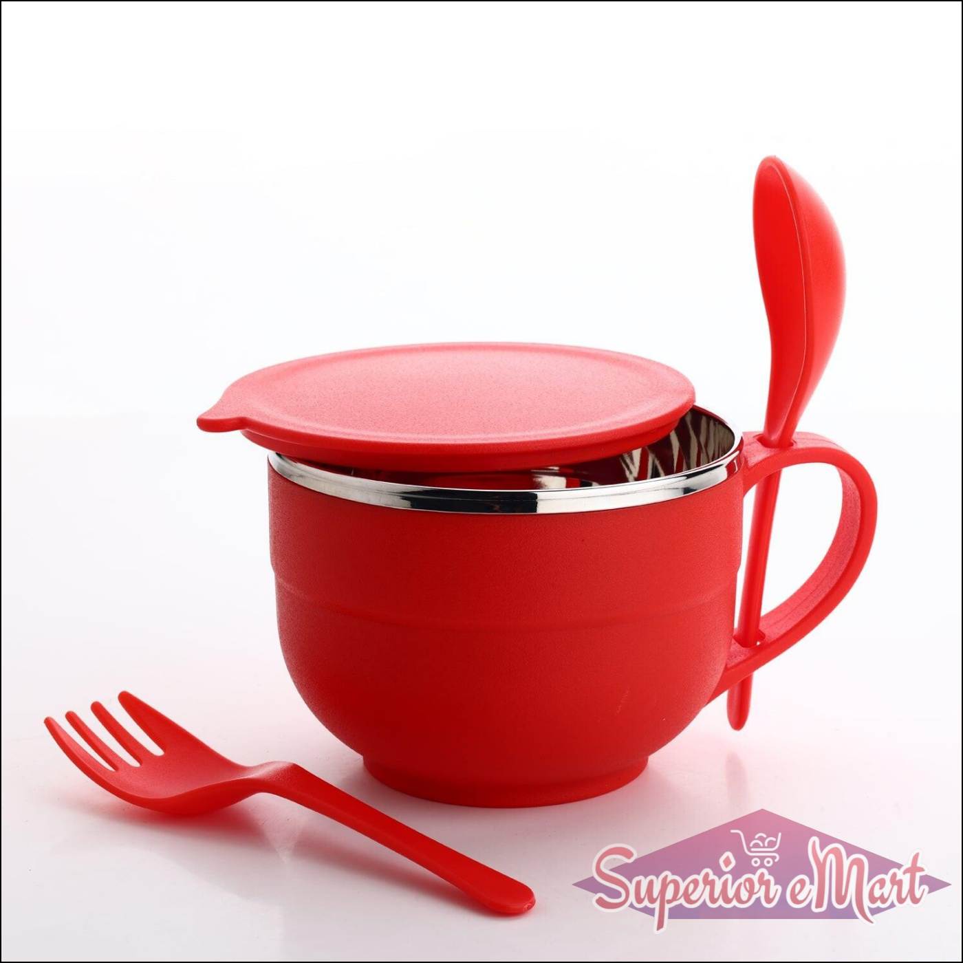 Red stainless steel noodles bowl set with a lid and a fork for convenient dining