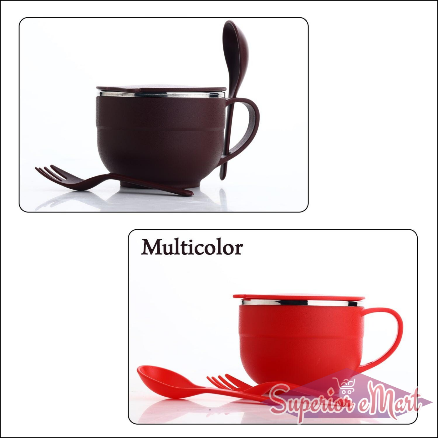 Multicolor stainless steel noodles bowl set with matching spoon and fork for stylish dining