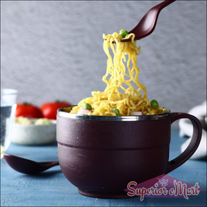Superior eMart stainless steel noodles bowl set with a serving of noodles and green peas