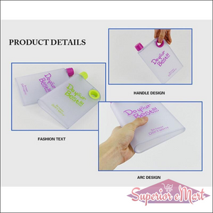 Notebook style water bottle with bright handle and positive message for hydration on the go