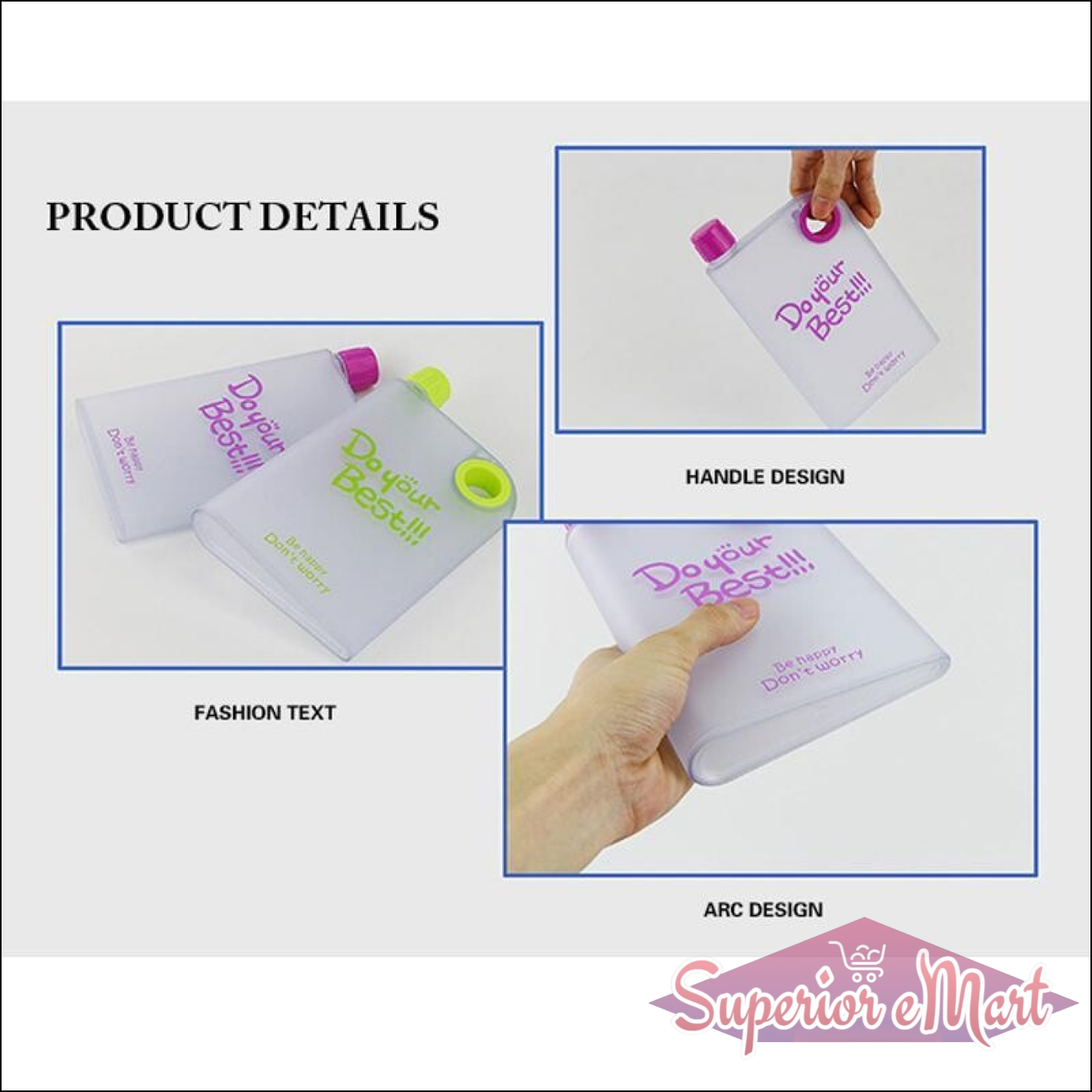 Notebook style water bottle with bright handle and positive message for hydration on the go