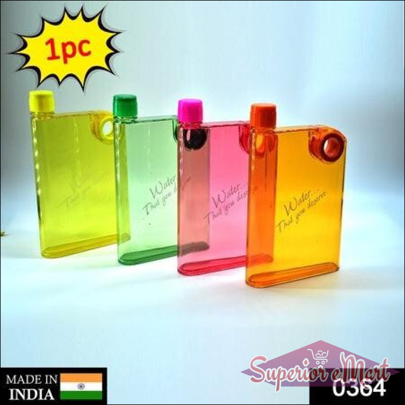 Colorful notebook style water bottle set in green, yellow, orange, and pink for stylish hydration