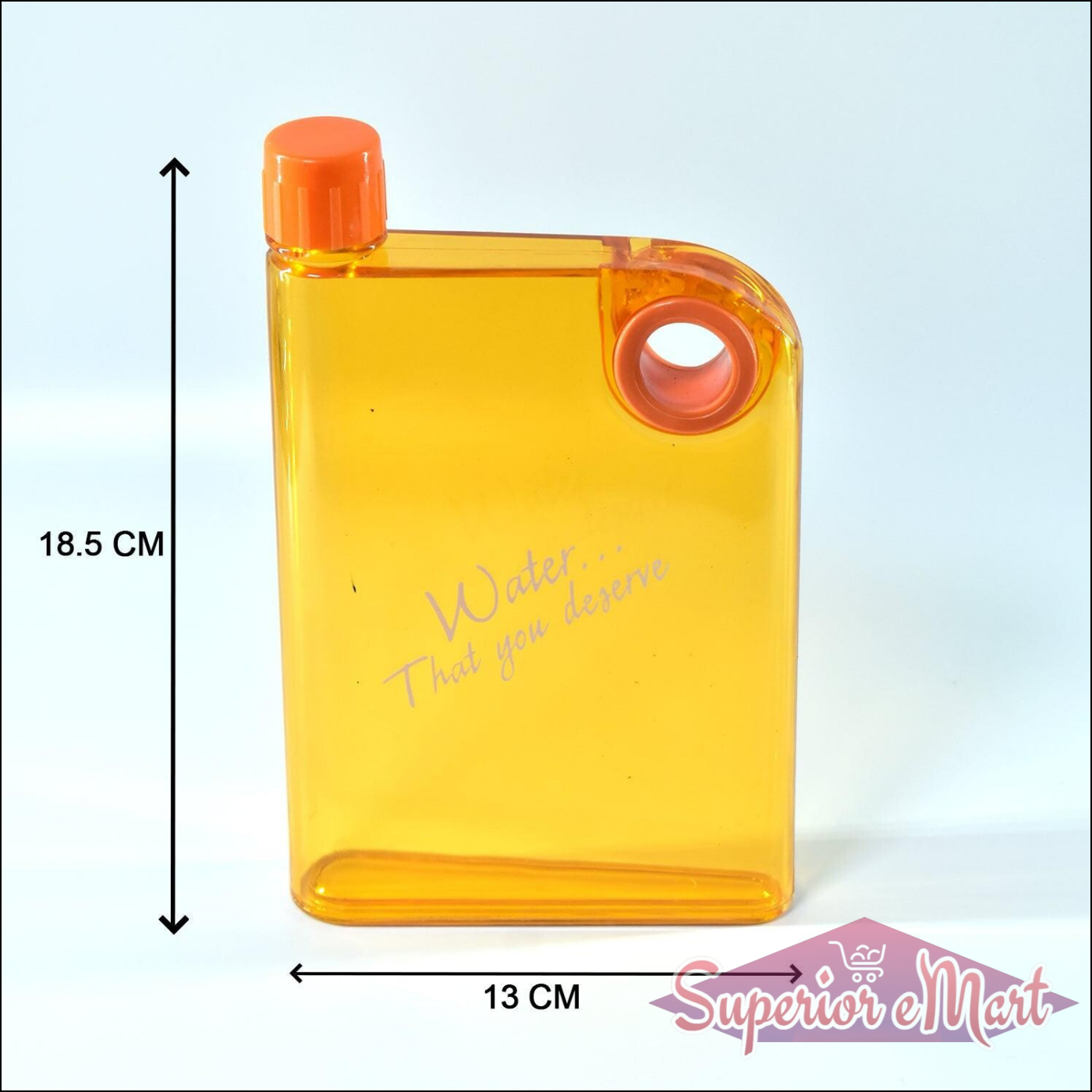 Notebook style water bottle in transparent orange with a unique design for easy hydration