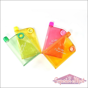 Colorful notebook style water bottle collection in green, yellow, and pink with unique design