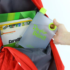 Notebook style water bottle in a backpack with motivational quote for students on the go