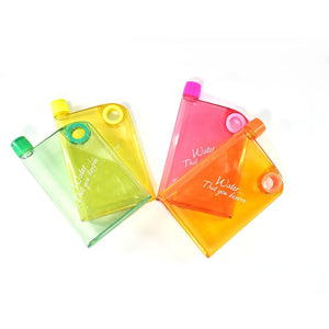 Colorful notebook style water bottle collection in green, yellow, and pink with unique design