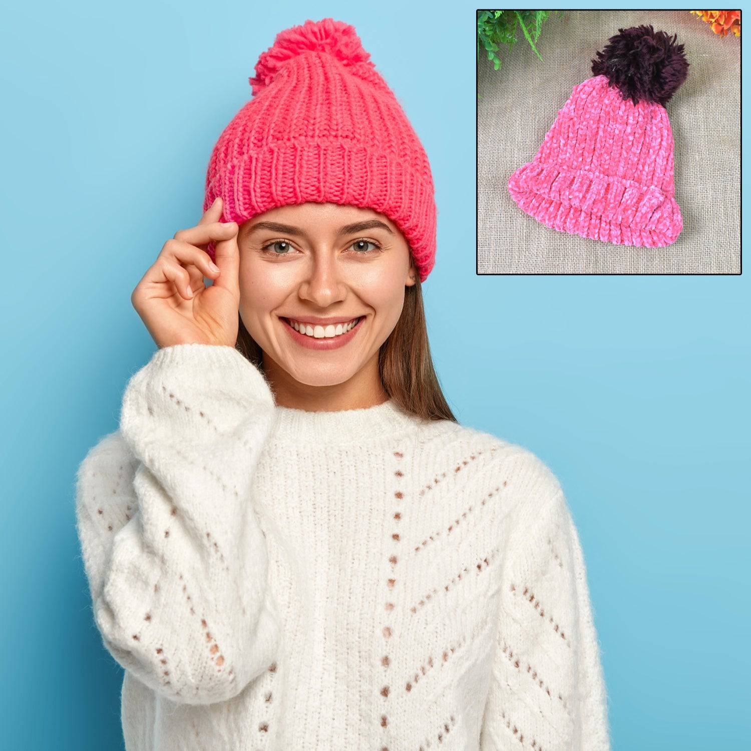 Soft Winter Cap Woolen Inside Fur Beanie Cap (1 Pc  Mix Design  Color) - Superior eMart