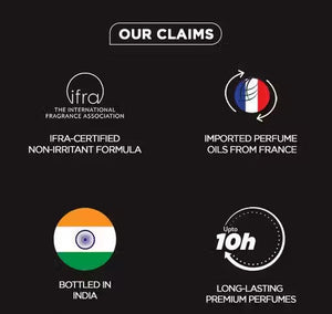 List of product claims with logos and text on a black background