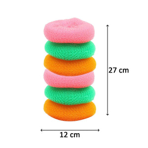 Set of colorful nylon scrubbers for dishes stacked together, ideal for effective cleaning