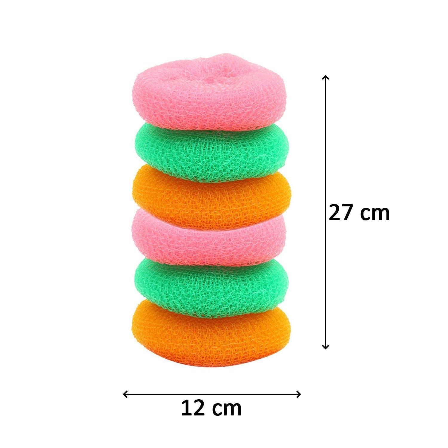 Set of colorful nylon scrubbers for dishes stacked together, ideal for effective cleaning