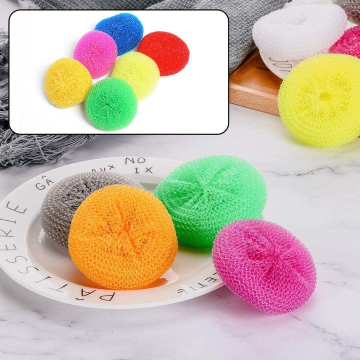 Colorful nylon scrubbers pack of 12 on a plate, perfect for kitchen cleaning tasks