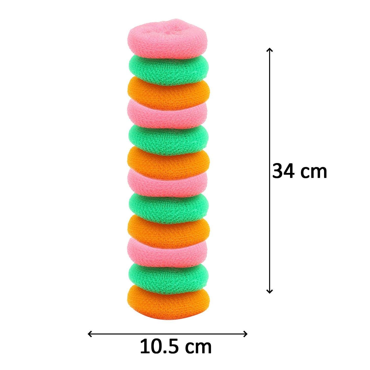 Colorful nylon scrubbers pack of 12 in pink, green and orange for effective kitchen cleaning