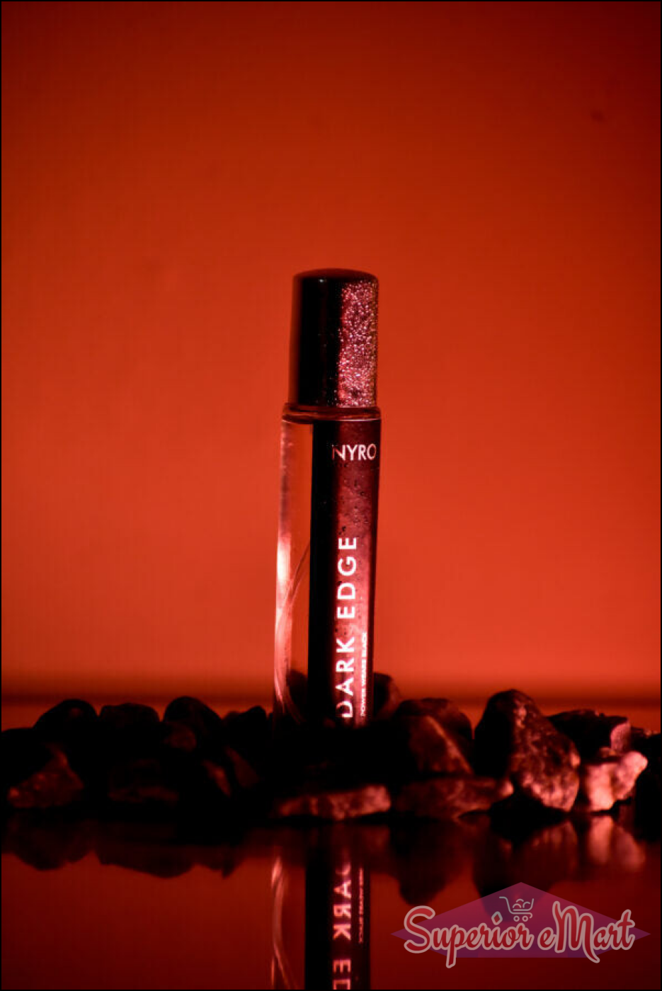 Nyro Dark Edge Perfume in Roll-On Bottle, Part of the Elite Set, Against a Dramatic Red Background