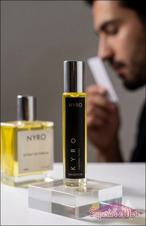 Two Nyro perfume bottles on a reflective surface with a blurred person in the background.