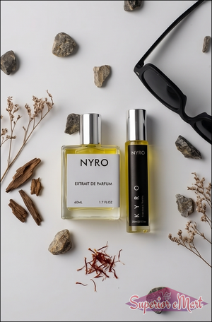 Two Nyro perfume bottles on a light surface with rocks, dried plants, and sunglasses.
