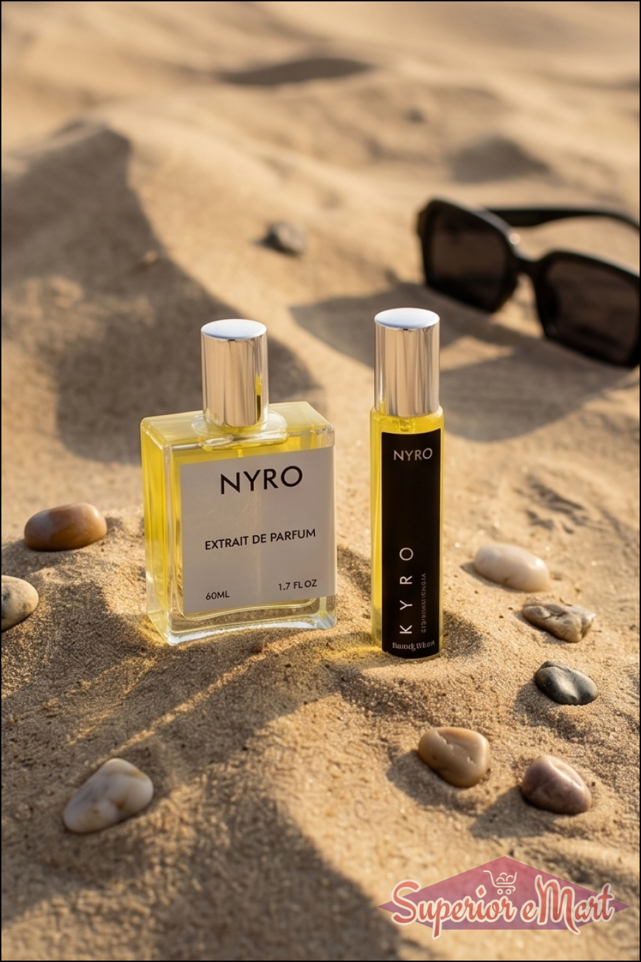 Two NYRO perfume bottles on sand with sunglasses in the background