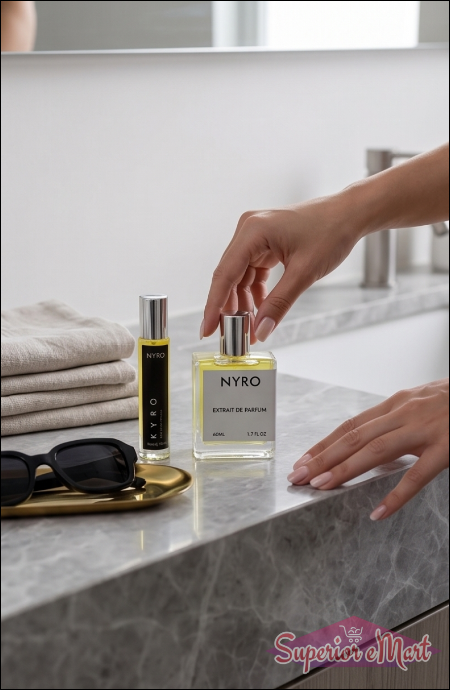 Person reaching for a Nyro perfume bottle on a marble surface with sunglasses and folded clothes.