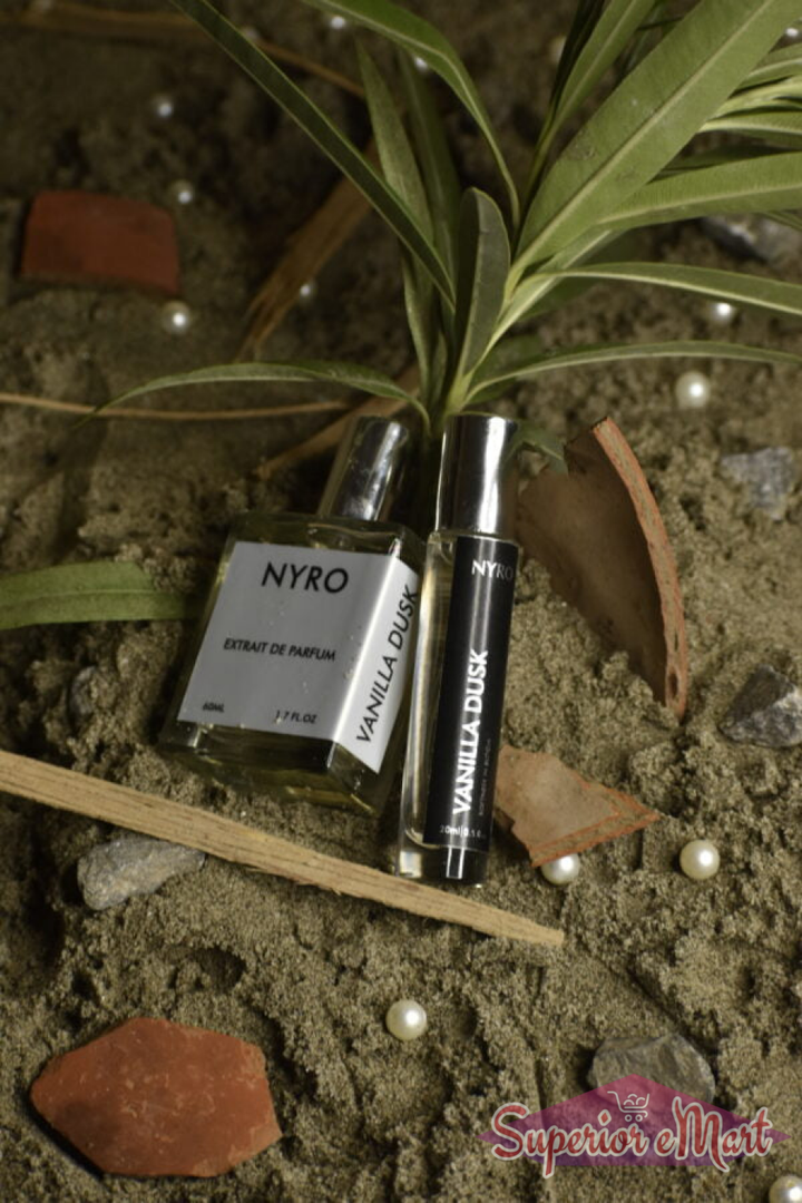 Nyro Vanilla Luxe Combo featuring Vanilla Dusk Perfume with Elegant Packaging on Natural Background
