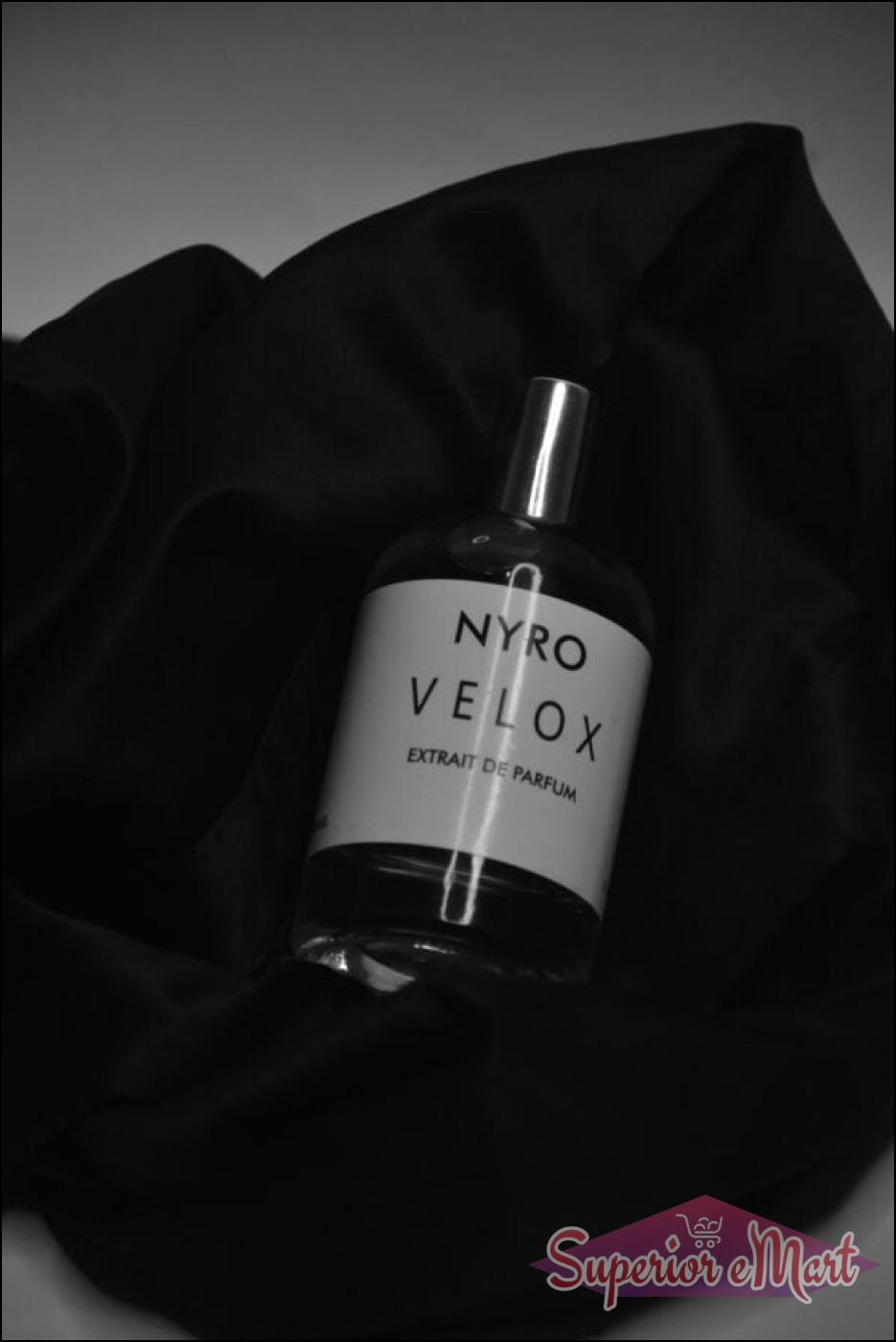 Nyro Velox Extrait de Parfum in a sleek bottle placed on black fabric