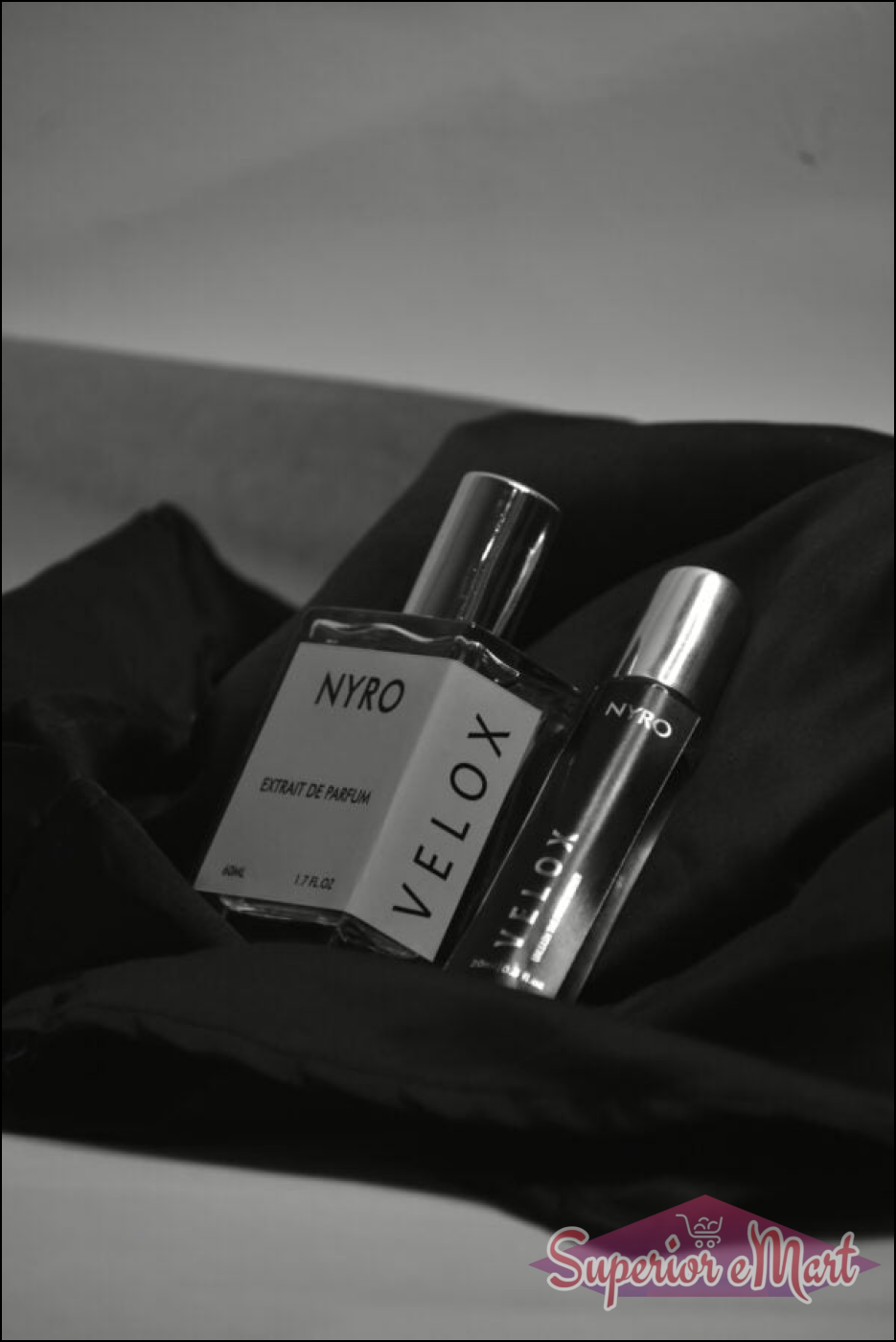 Nyro Velox Perfume Bottles on Black Silk with Elegant Packaging for a Luxurious Fragrance Experience
