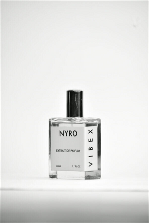 Nyro Vibex Extrait de Parfum in a clear glass bottle with a sleek design