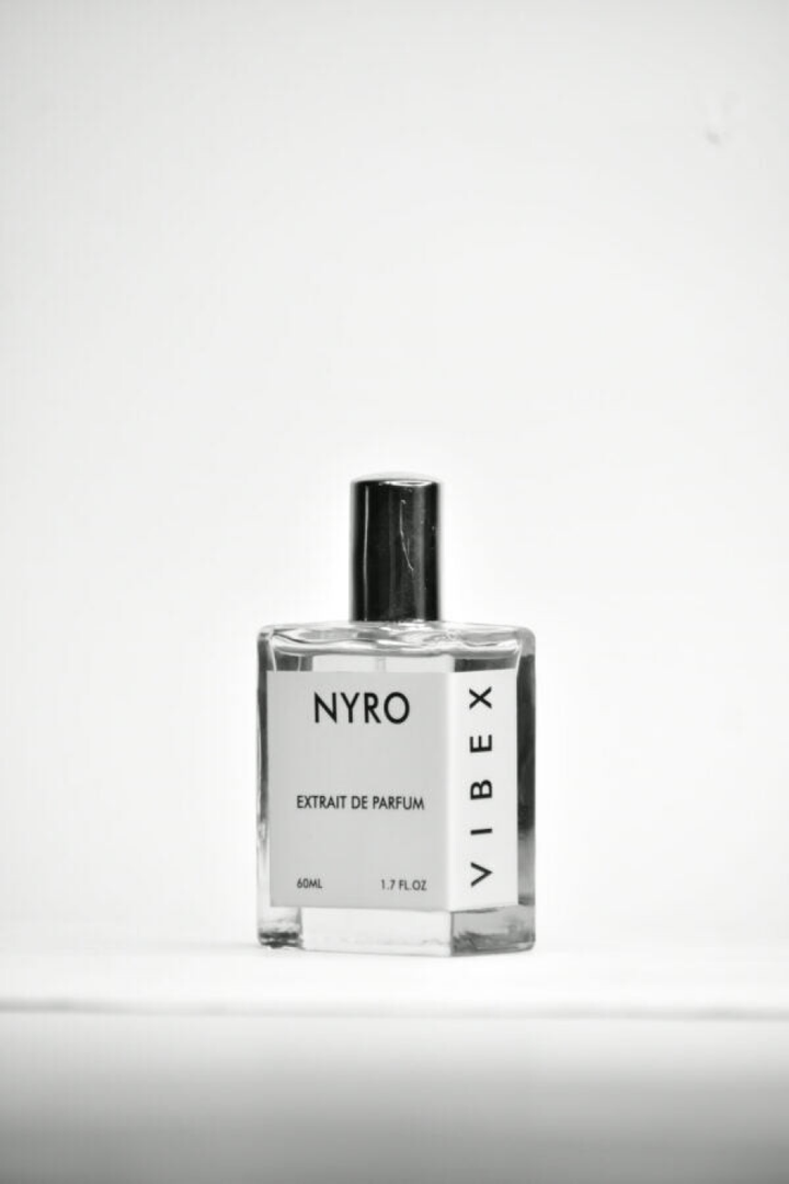 Nyro Vibex Extrait de Parfum in a clear glass bottle with a sleek design