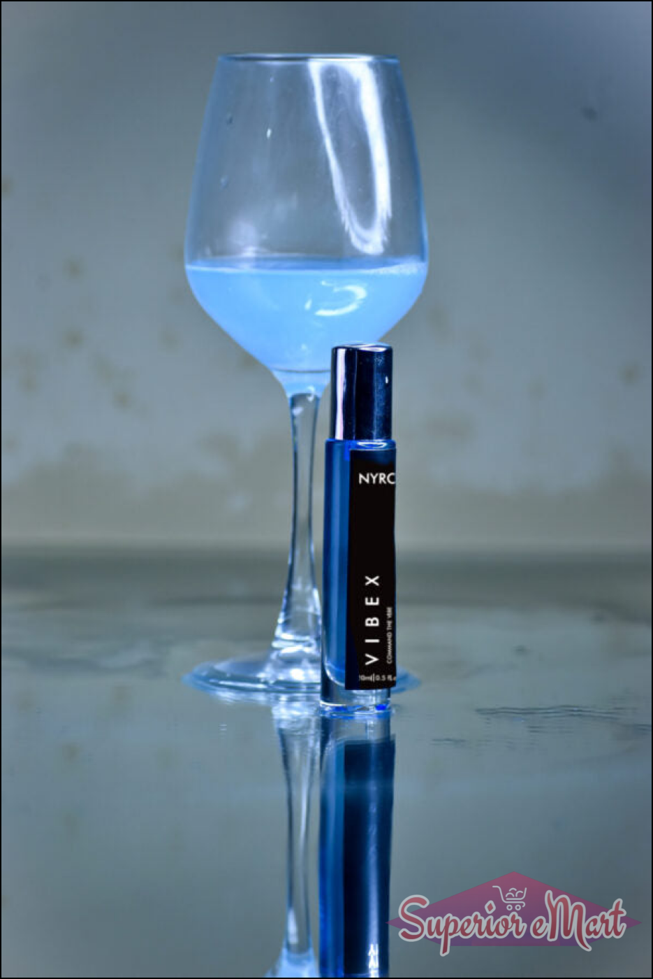 Nyro Vibex Perfume Bottle with Elegant Glass and Blue Fragrance Reflected on a Surface