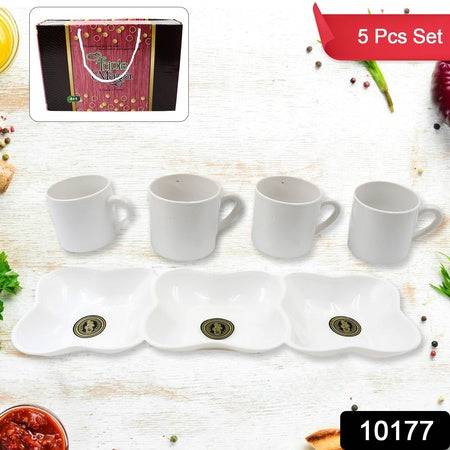 Triple Mazza Ceramic Tea  Cups Set Including 3 Compartment Plastic Serving Platter (4 Pcs Set) - Superior eMart