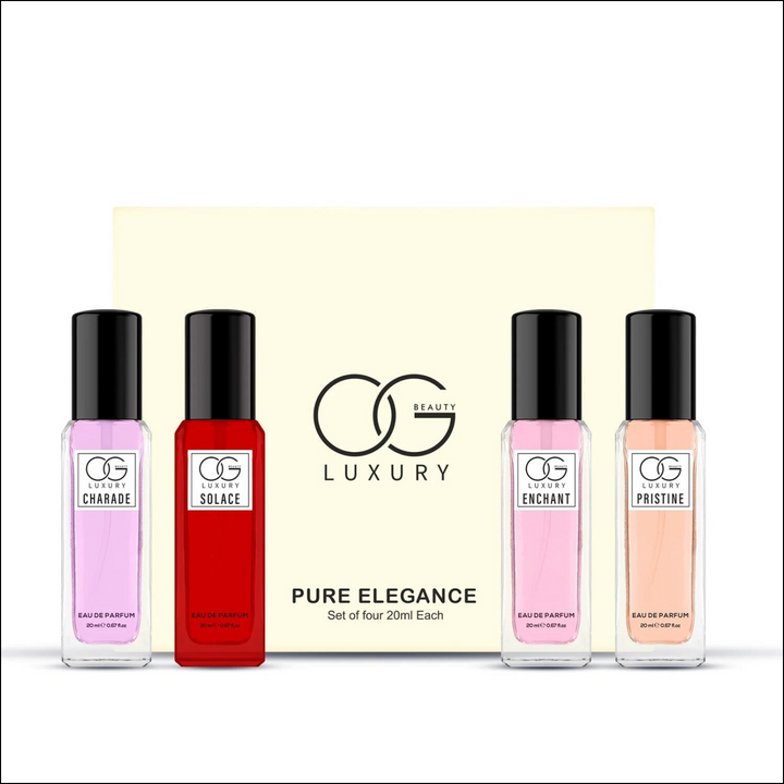Og Beauty luxury perfume gift set featuring four 20ml fragrances: Charade, Solace, Enchant, and Pristine