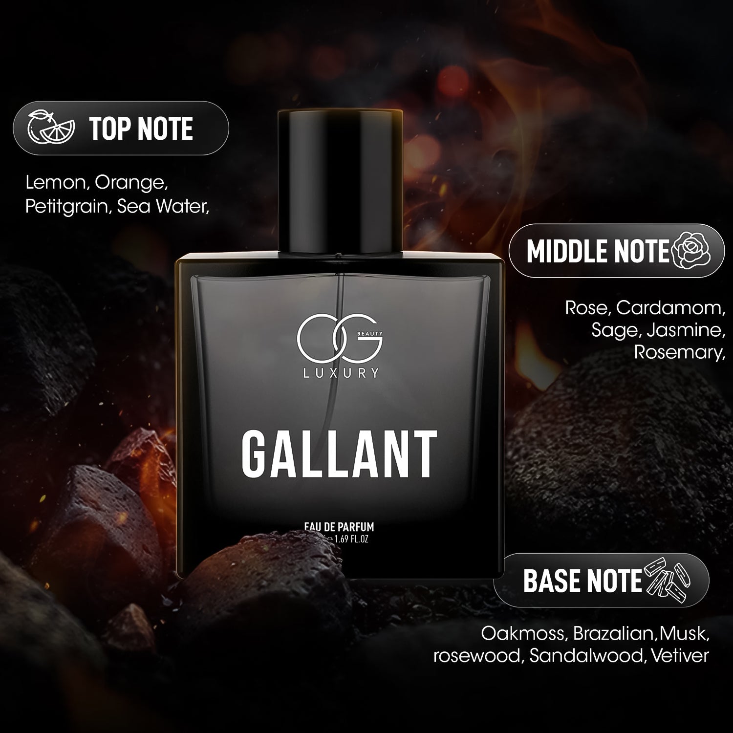 Og Beauty Gallant Eau De Parfum bottle showcasing notes of lemon, rose, and oakmoss for a luxurious scent